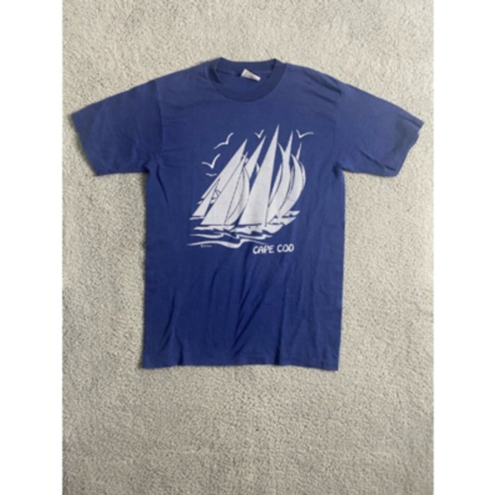 Cape Cod Mens Hanes 50-50 Graphic T-Shirt Blue White Sailboat Seagulls USA M